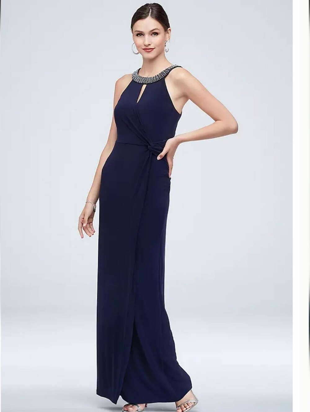 Neiman Marcus beaded neck marina midnight navy maxi cocktail dress Stretch Qiana